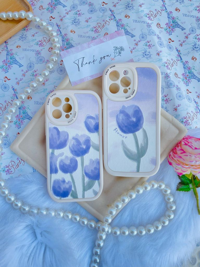 CASE IPHONE HOA Tulip Tím Chất Nhám Da Form Tròn