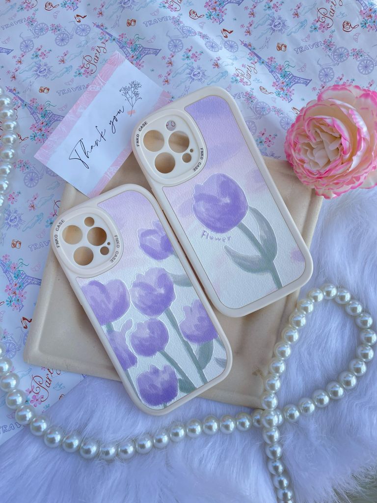 CASE IPHONE HOA Tulip Tím Chất Nhám Da Form Tròn