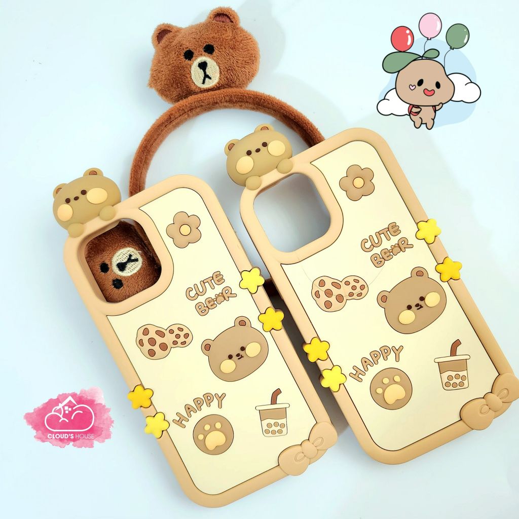 Case Ốp điện thoại iPhone Su dẻo Gấu nâu Kute icon 3D nổi iPhone 11/12/13/14/Pro/Promax