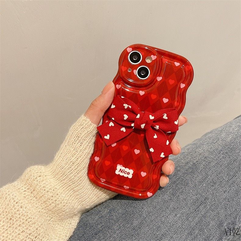 Case Ốp điện thoại iPhone Phao Gợn sóng Nơ đỏ iPhone 11/12/13/14/Plus/Pro/Promax