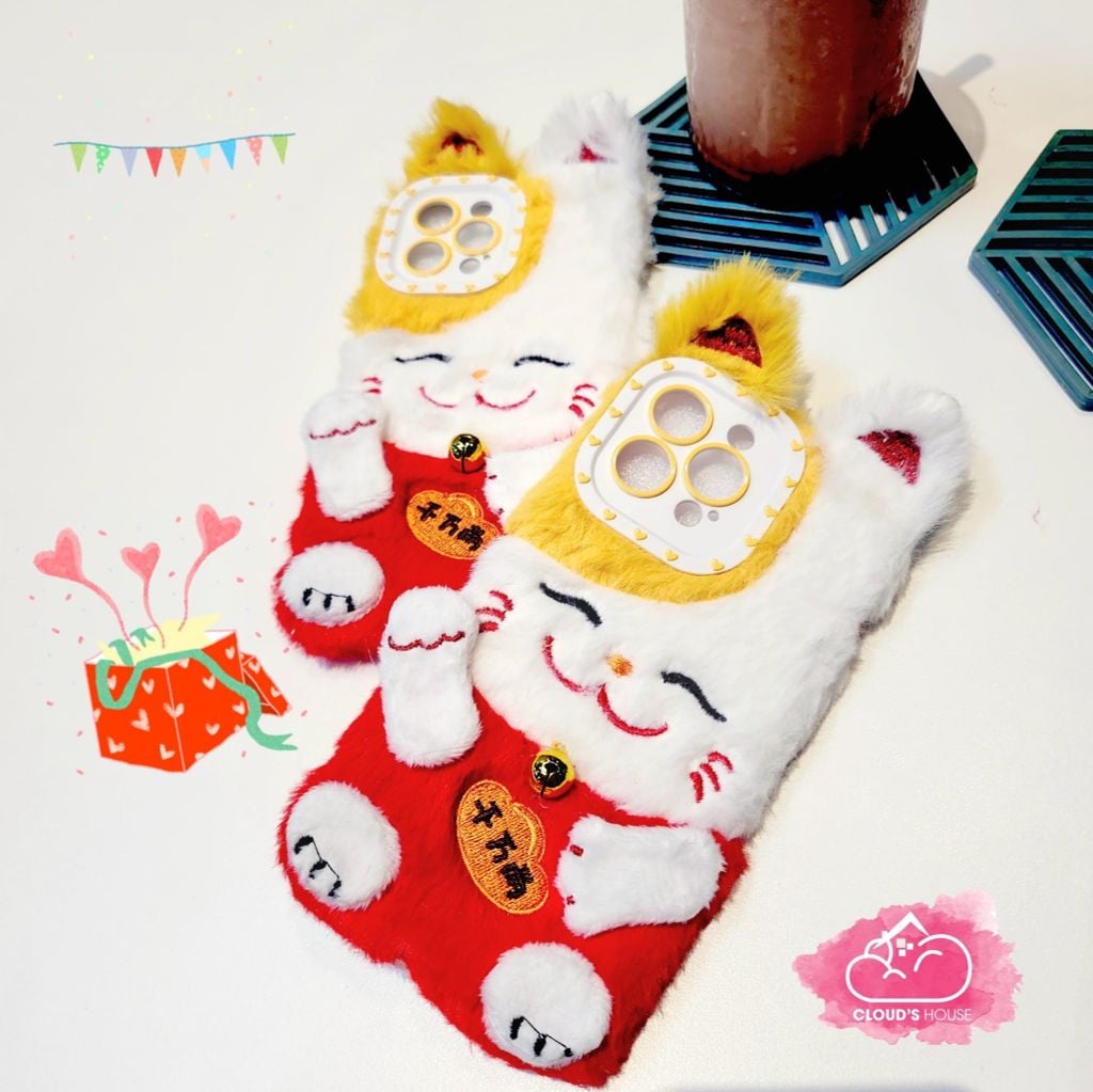 Case Ốp điện thọai iPhone Mèo may mắn Lông Flupfy iPhone 11/12/13/14/Pro/Promax - TẾT