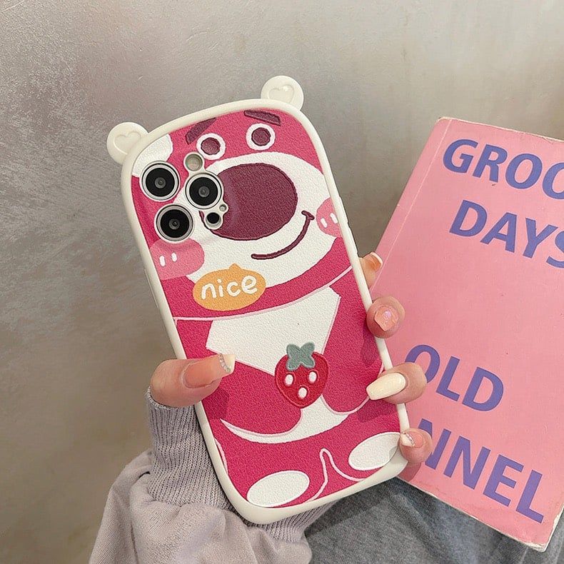 Case Ốp điện thoại iPhone Gấu dâu Lotso Nhám da Tai gấu iPhone 11/12/13/14/Pro/Promax