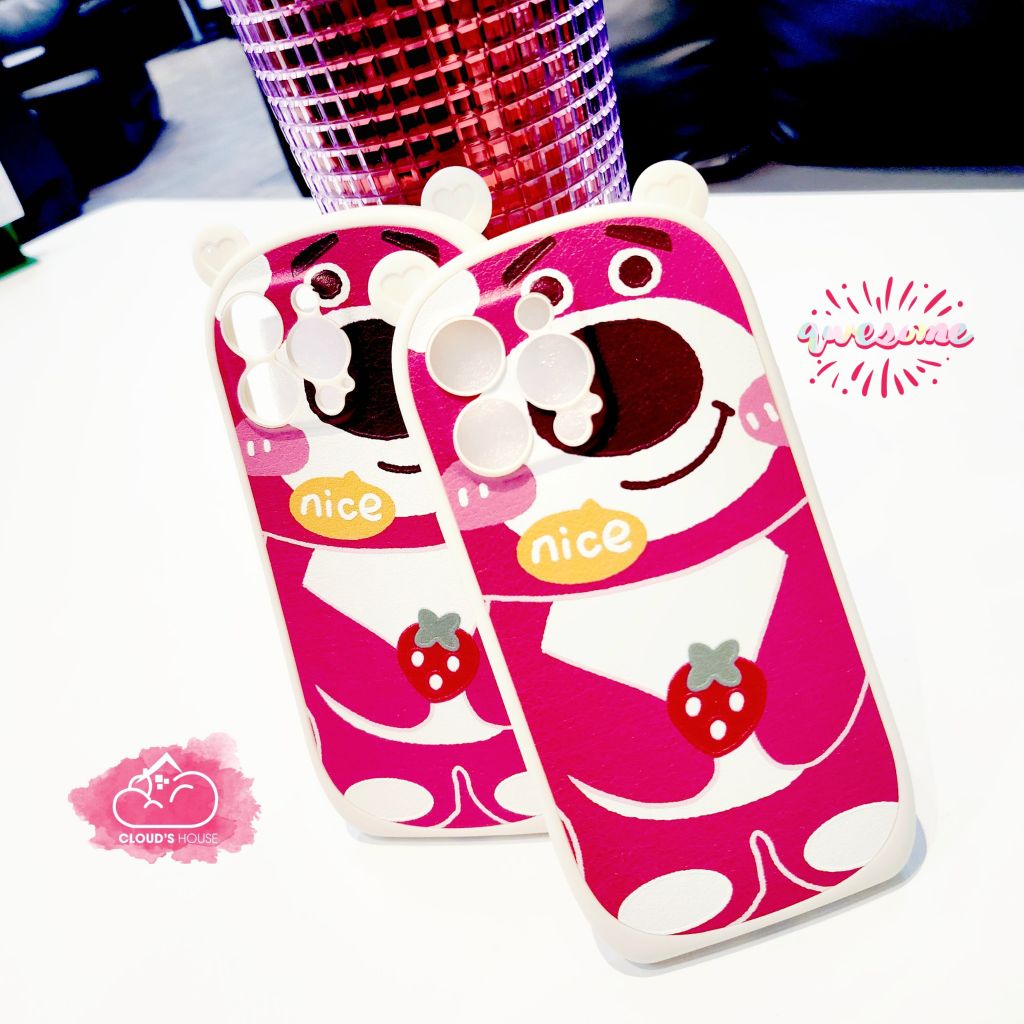 Case Ốp điện thoại iPhone Gấu dâu Lotso Nhám da Tai gấu iPhone 11/12/13/14/Pro/Promax