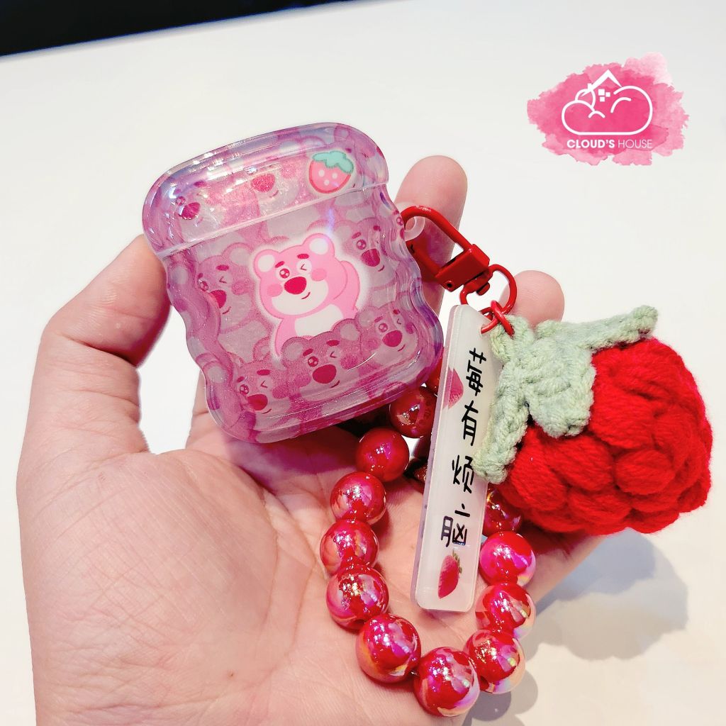 Cover Airpod Gấu dâu Lotso Chất dẻo gợn sóng Kèm móc khoá