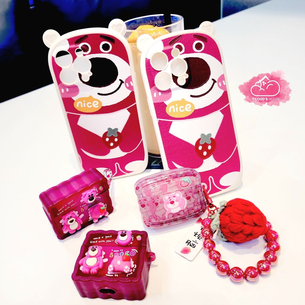 Case Ốp điện thoại iPhone Gấu dâu Lotso Nhám da Tai gấu iPhone 11/12/13/14/Pro/Promax