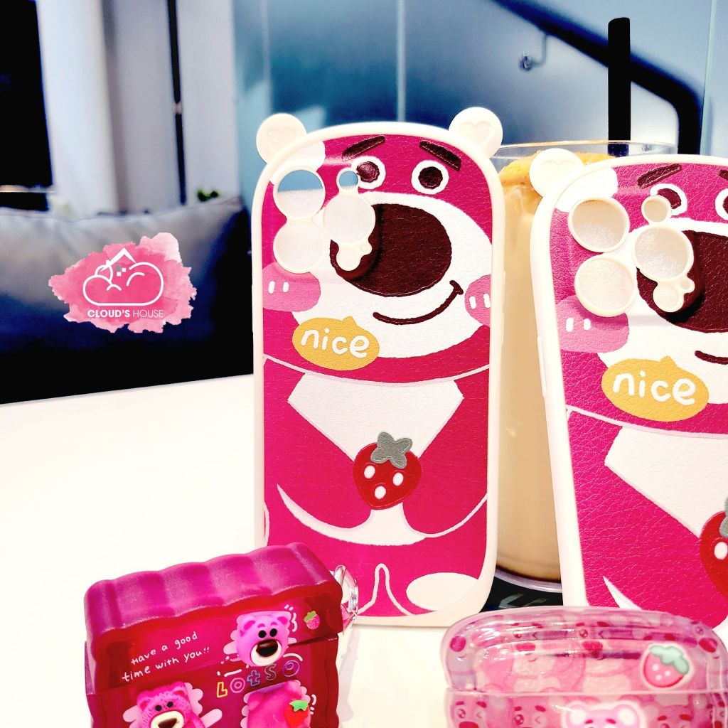 Case Ốp điện thoại iPhone Gấu dâu Lotso Nhám da Tai gấu iPhone 11/12/13/14/Pro/Promax