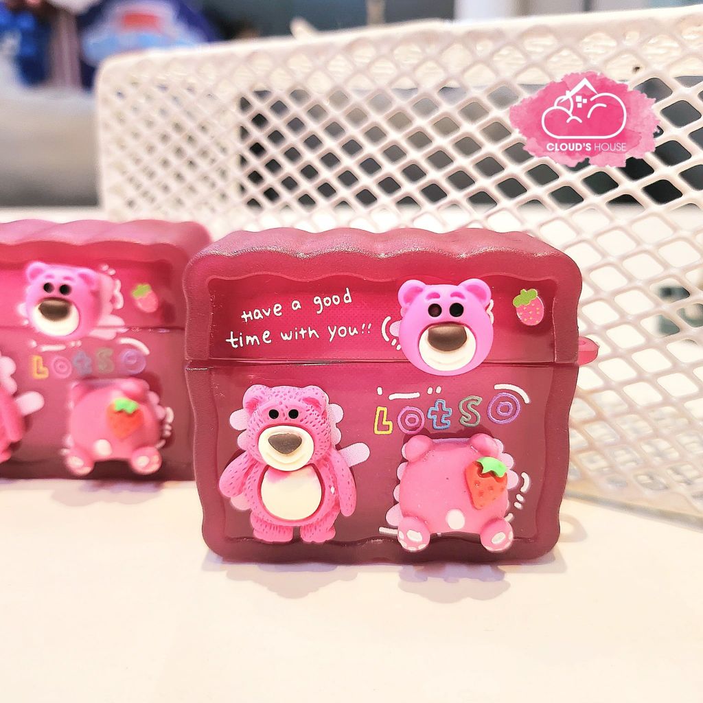 Cover Case Vỏ bảo vệ Airpod Gấu dâu Lotso Gợn sóng icon nổi