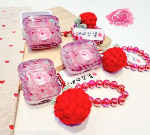Cover Airpod Gấu dâu Lotso Chất dẻo gợn sóng Kèm móc khoá