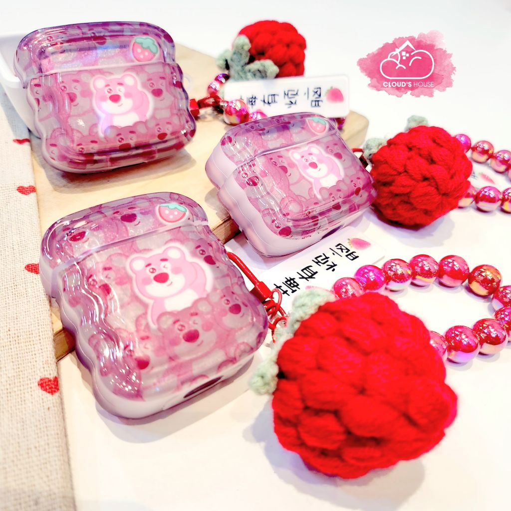 Cover Airpod Gấu dâu Lotso Chất dẻo gợn sóng Kèm móc khoá