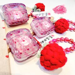 Cover Airpod Gấu dâu Lotso Chất dẻo gợn sóng Kèm móc khoá