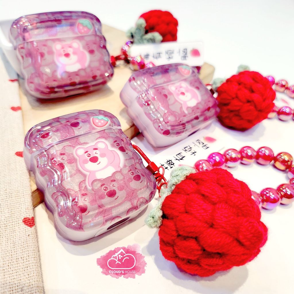 Cover Airpod Gấu dâu Lotso Chất dẻo gợn sóng Kèm móc khoá