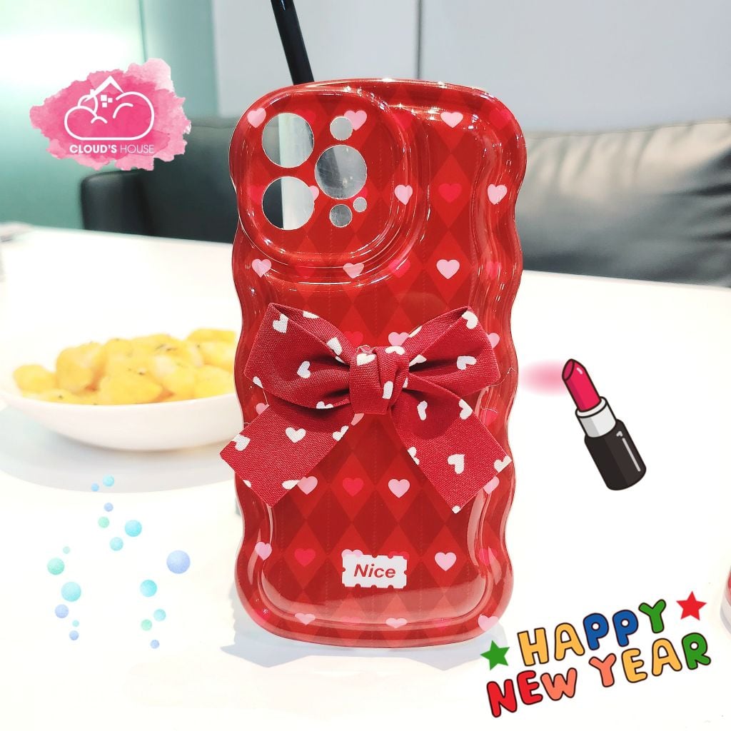 Case Ốp điện thoại iPhone Phao Gợn sóng Nơ đỏ iPhone 11/12/13/14/Plus/Pro/Promax