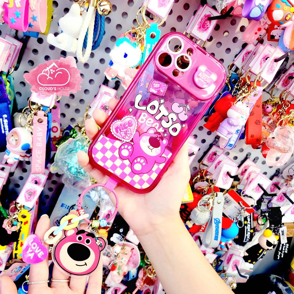 Case Ốp điện thoại iPhone Gấu dâu Lotso Trong dẻo Gương Bảo vệ camera Kèm móc khoá iPhone X/Xs/XsMax/11/12/13/14/Plus/Pro/Promax