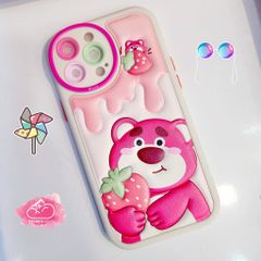 Case Ốp điện thoại iPhone Gấu dâu Lotso ÔM DÂU Nhám phao da họa tiết dập chìm iPhone 11/12/13/14/Pro/Promax
