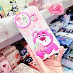 Case Ốp điện thoại iPhone Gấu dâu Lotso ÔM DÂU Nhám phao da họa tiết dập chìm iPhone 11/12/13/14/Pro/Promax