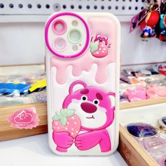 Case Ốp điện thoại iPhone Gấu dâu Lotso ÔM DÂU Nhám phao da họa tiết dập chìm iPhone 11/12/13/14/Pro/Promax
