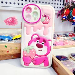 Case Ốp điện thoại iPhone Gấu dâu Lotso ÔM DÂU Nhám phao da họa tiết dập chìm iPhone 11/12/13/14/Pro/Promax