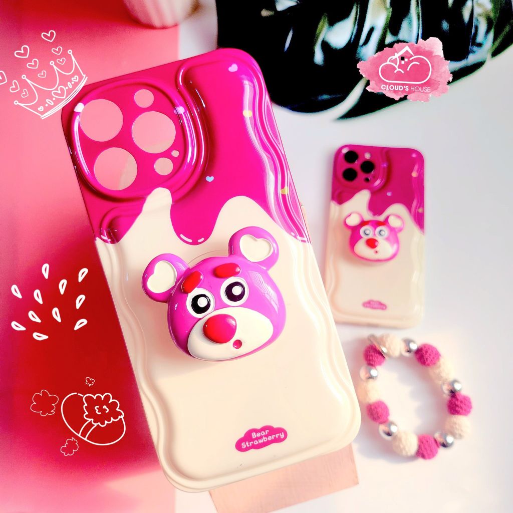 Case Ốp điện thoại iPhone Gấu dâu Lotso Chất phao dẻo kèm popsocket iPhone 11/12/13/14/Pro/Promax