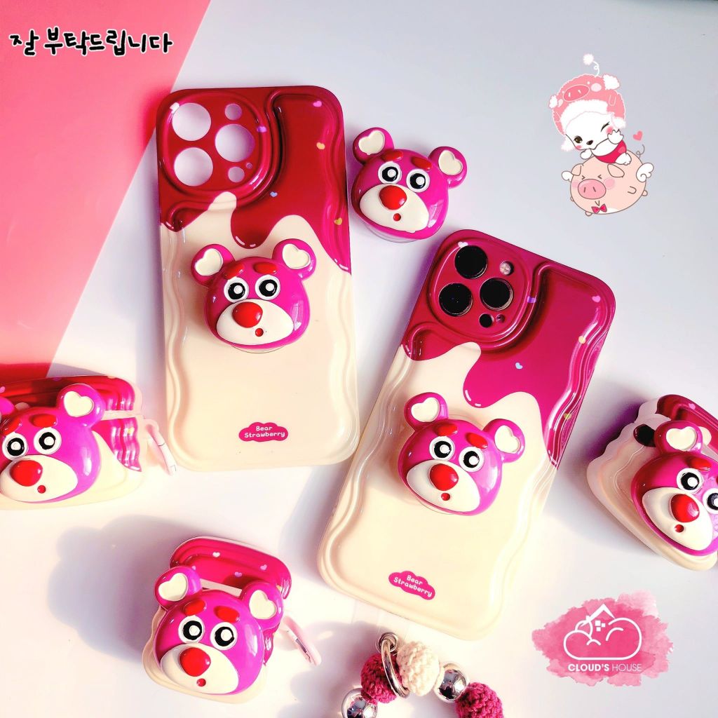 Case Ốp điện thoại iPhone Gấu dâu Lotso Chất phao dẻo kèm popsocket iPhone 11/12/13/14/Pro/Promax