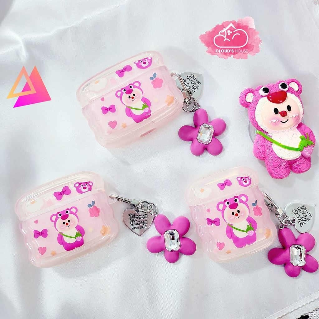 Cover Airpod Gấu dâu Lotso Chất phao trong Viền gợn sóng Airpod 1/2/3/Pro/Pro2