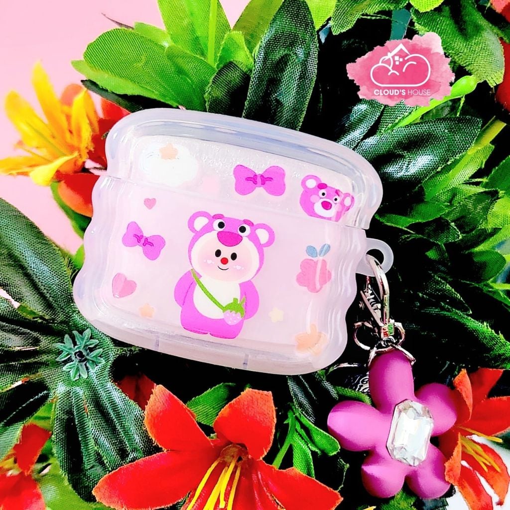 Cover Airpod Gấu dâu Lotso Chất phao trong Viền gợn sóng Airpod 1/2/3/Pro/Pro2