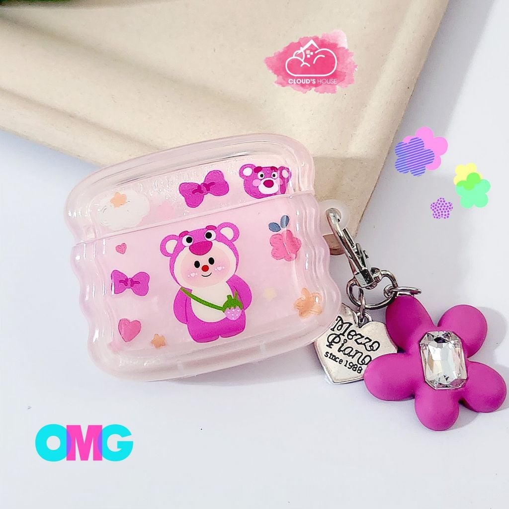 Cover Airpod Gấu dâu Lotso Chất phao trong Viền gợn sóng Airpod 1/2/3/Pro/Pro2