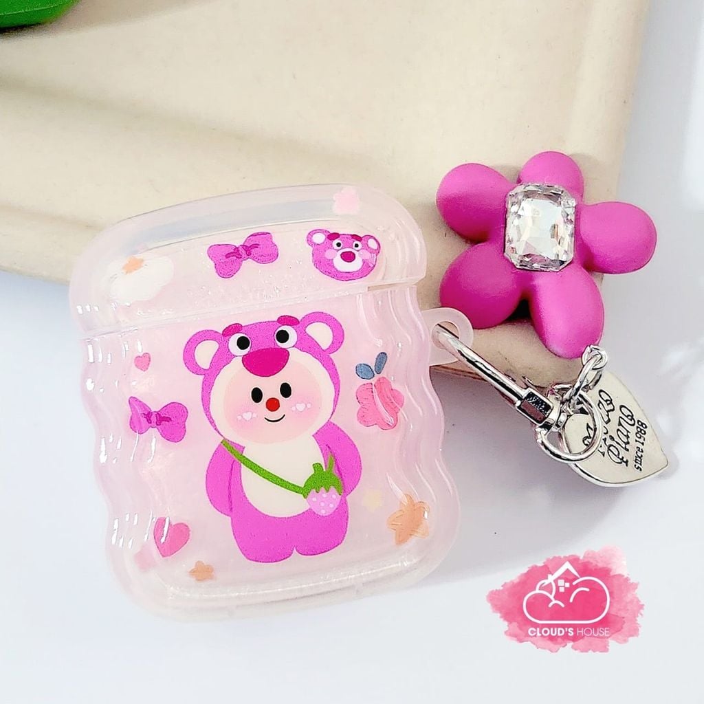 Cover Airpod Gấu dâu Lotso Chất phao trong Viền gợn sóng Airpod 1/2/3/Pro/Pro2