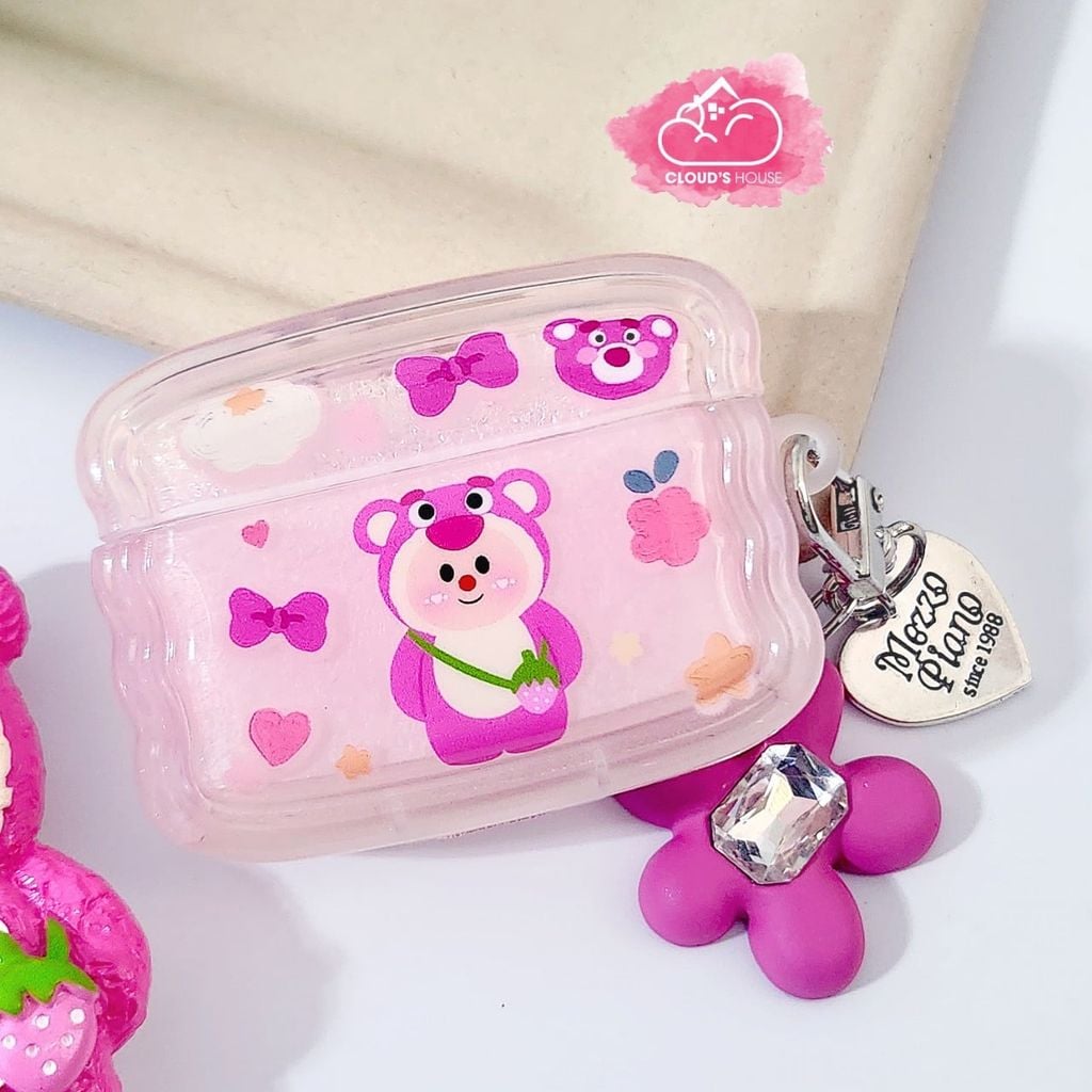 Cover Airpod Gấu dâu Lotso Chất phao trong Viền gợn sóng Airpod 1/2/3/Pro/Pro2