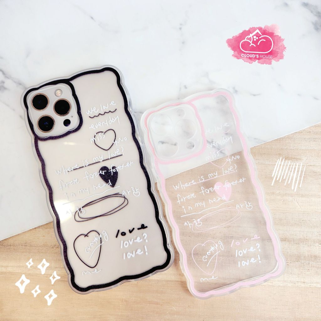 Case Ốp điện thoại iPhone Trong dẻo họa tiết kute viền gợn sóng iPhone 11/12/13/Pro/Promax (Hồng - Đen)