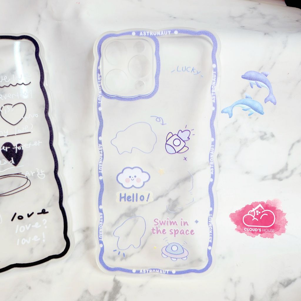 Case Ốp điện thoại iPhone Trong dẻo họa tiết kute viền gợn sóng iPhone 11/12/13/Pro/Promax (Hồng - Đen)