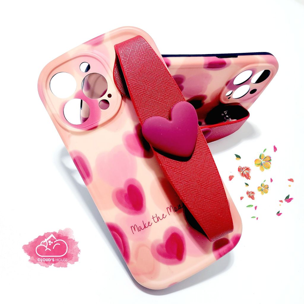 Case Ốp điện thoại Trái tim chống dựng có dây đeo iPhone 11/12/13/14/Pro/Promax