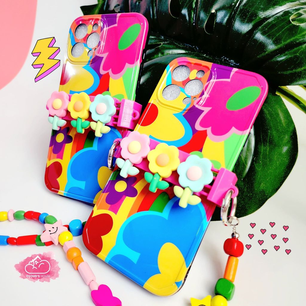 Case Ốp điện thoại iPhone Hoa sặc sỡ có dây đeo iPhone 11/12/13/14/Pro/Promax