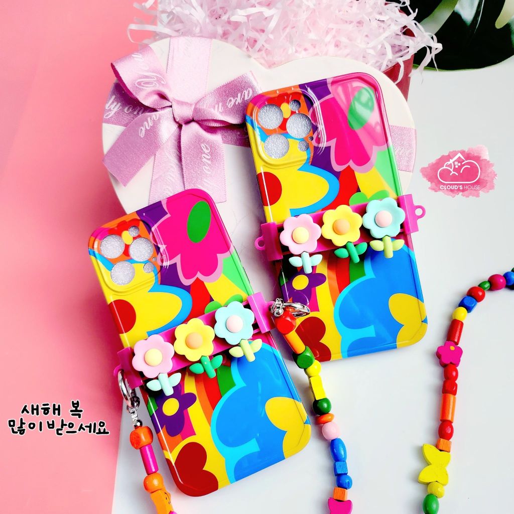 Case Ốp điện thoại iPhone Hoa sặc sỡ có dây đeo iPhone 11/12/13/14/Pro/Promax