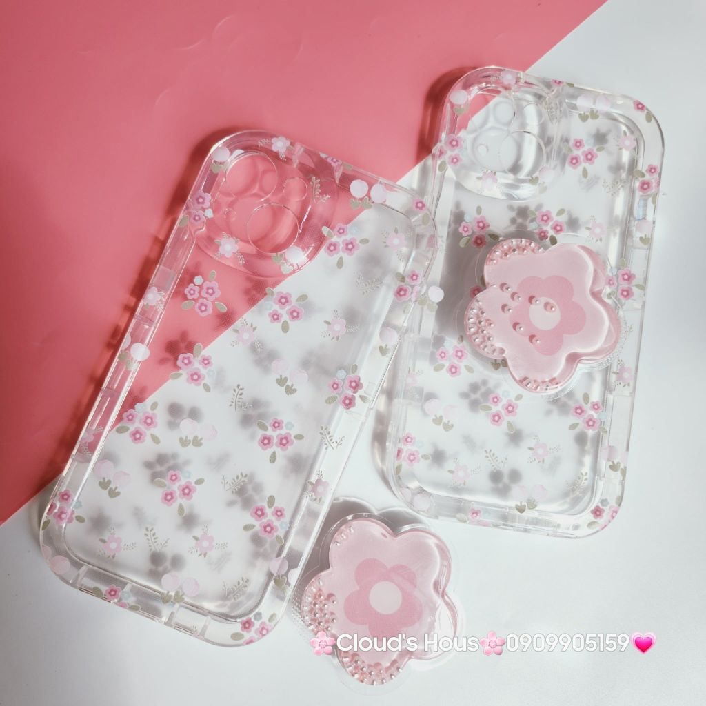 Case Phao Ốp điện thoại iPhone Trong Suốt Hoa có Popsocket IPhone 11/12/13/14/15/Pro/Promax