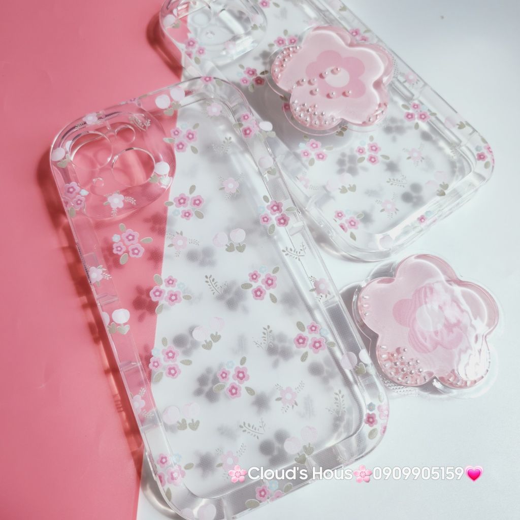 Case Phao Ốp điện thoại iPhone Trong Suốt Hoa có Popsocket IPhone 11/12/13/14/15/Pro/Promax