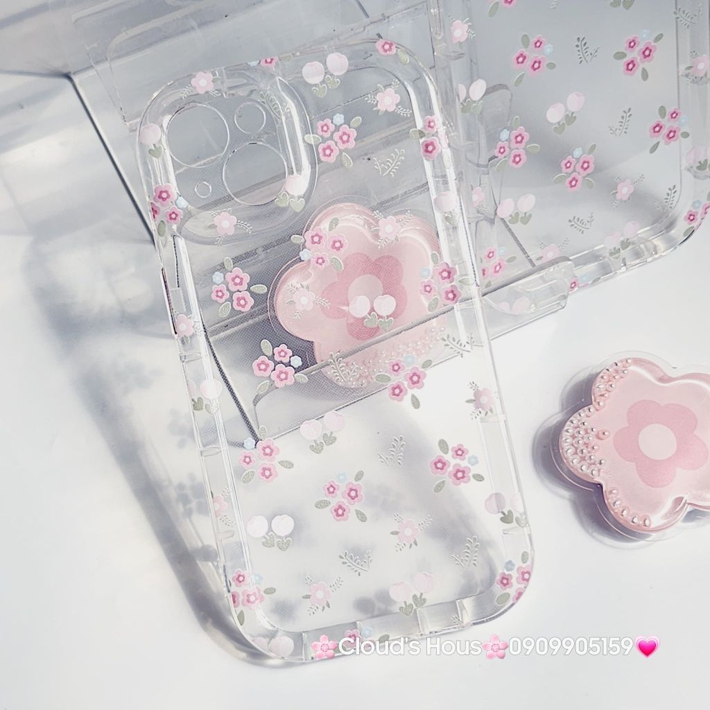 Case Phao Ốp điện thoại iPhone Trong Suốt Hoa có Popsocket IPhone 11/12/13/14/15/Pro/Promax