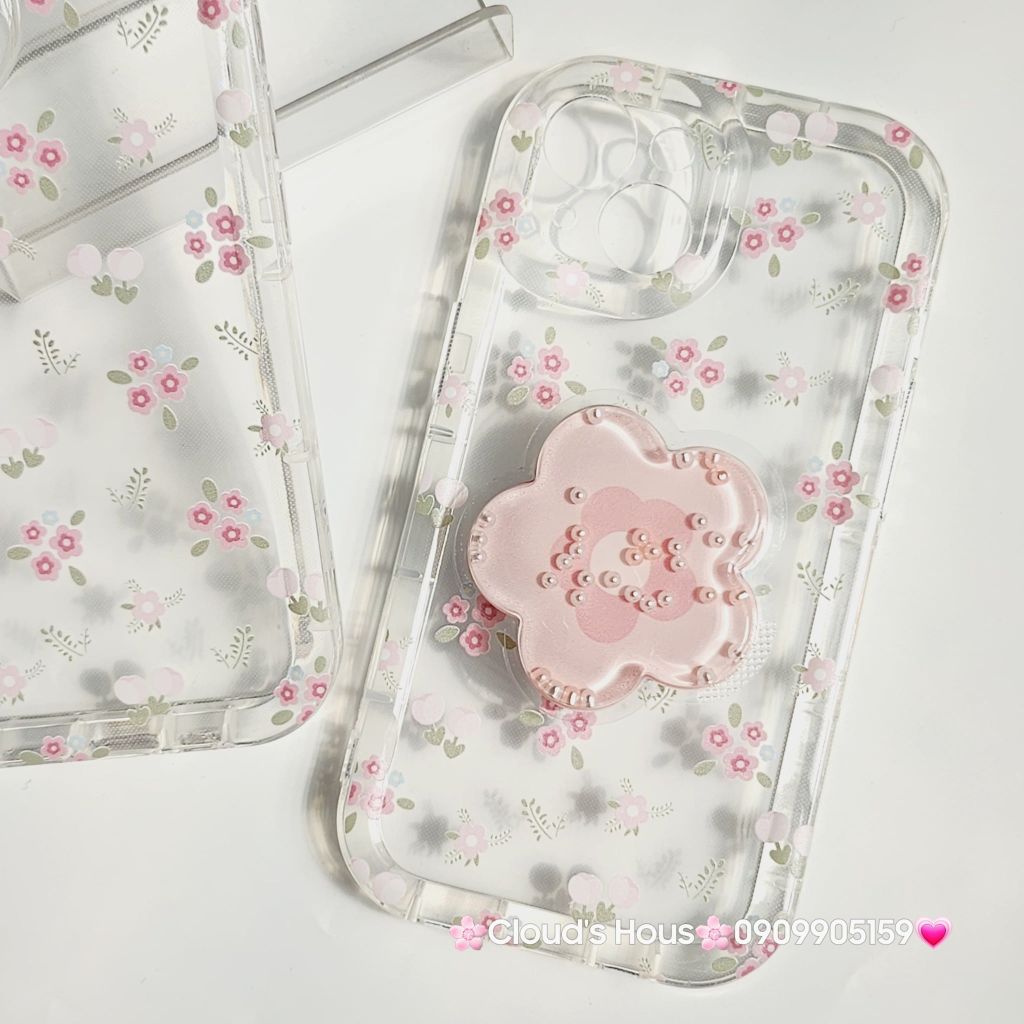 Case Phao Ốp điện thoại iPhone Trong Suốt Hoa có Popsocket IPhone 11/12/13/14/15/Pro/Promax