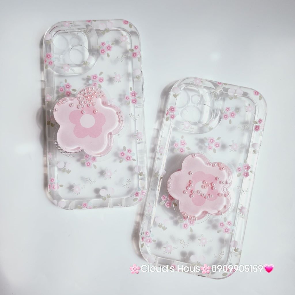 Case Phao Ốp điện thoại iPhone Trong Suốt Hoa có Popsocket IPhone 11/12/13/14/15/Pro/Promax
