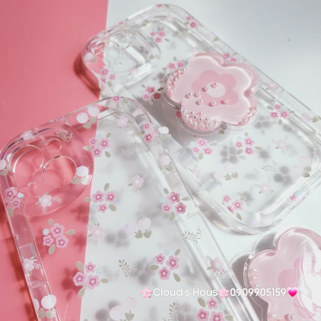 Case Phao Ốp điện thoại iPhone Trong Suốt Hoa có Popsocket IPhone 11/12/13/14/15/Pro/Promax
