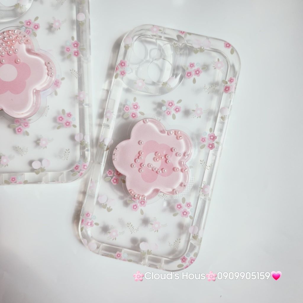 Case Phao Ốp điện thoại iPhone Trong Suốt Hoa có Popsocket IPhone 11/12/13/14/15/Pro/Promax