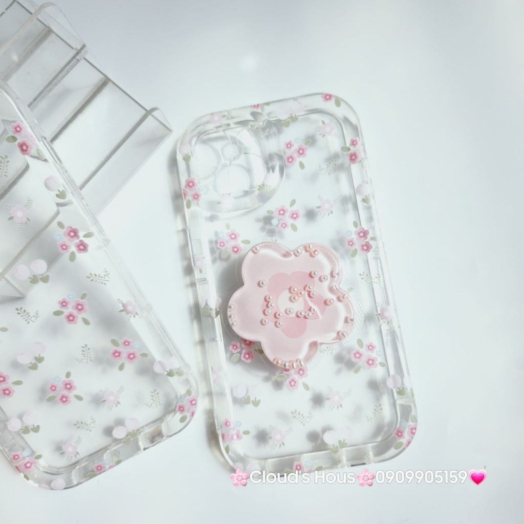 Case Phao Ốp điện thoại iPhone Trong Suốt Hoa có Popsocket IPhone 11/12/13/14/15/Pro/Promax