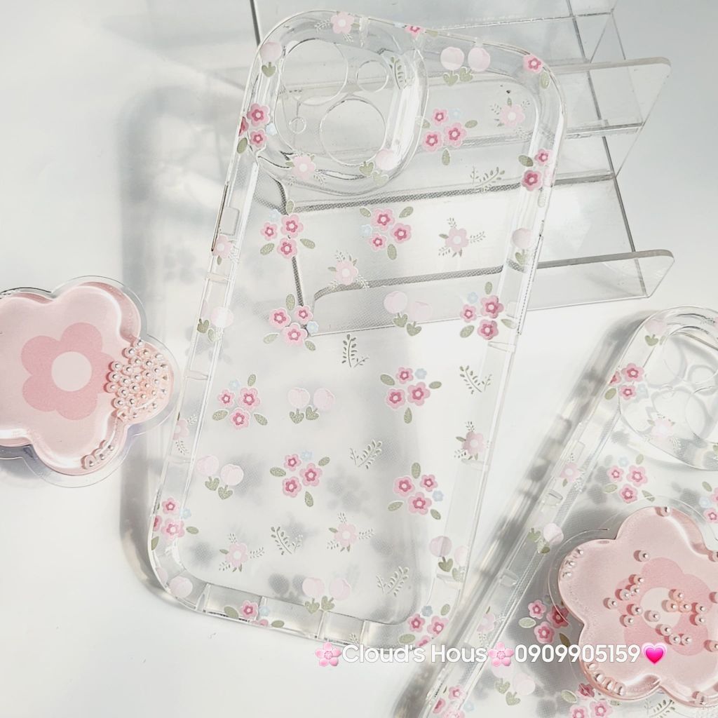 Case Phao Ốp điện thoại iPhone Trong Suốt Hoa có Popsocket IPhone 11/12/13/14/15/Pro/Promax