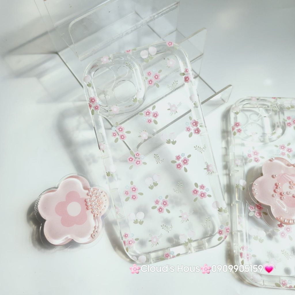 Case Phao Ốp điện thoại iPhone Trong Suốt Hoa có Popsocket IPhone 11/12/13/14/15/Pro/Promax