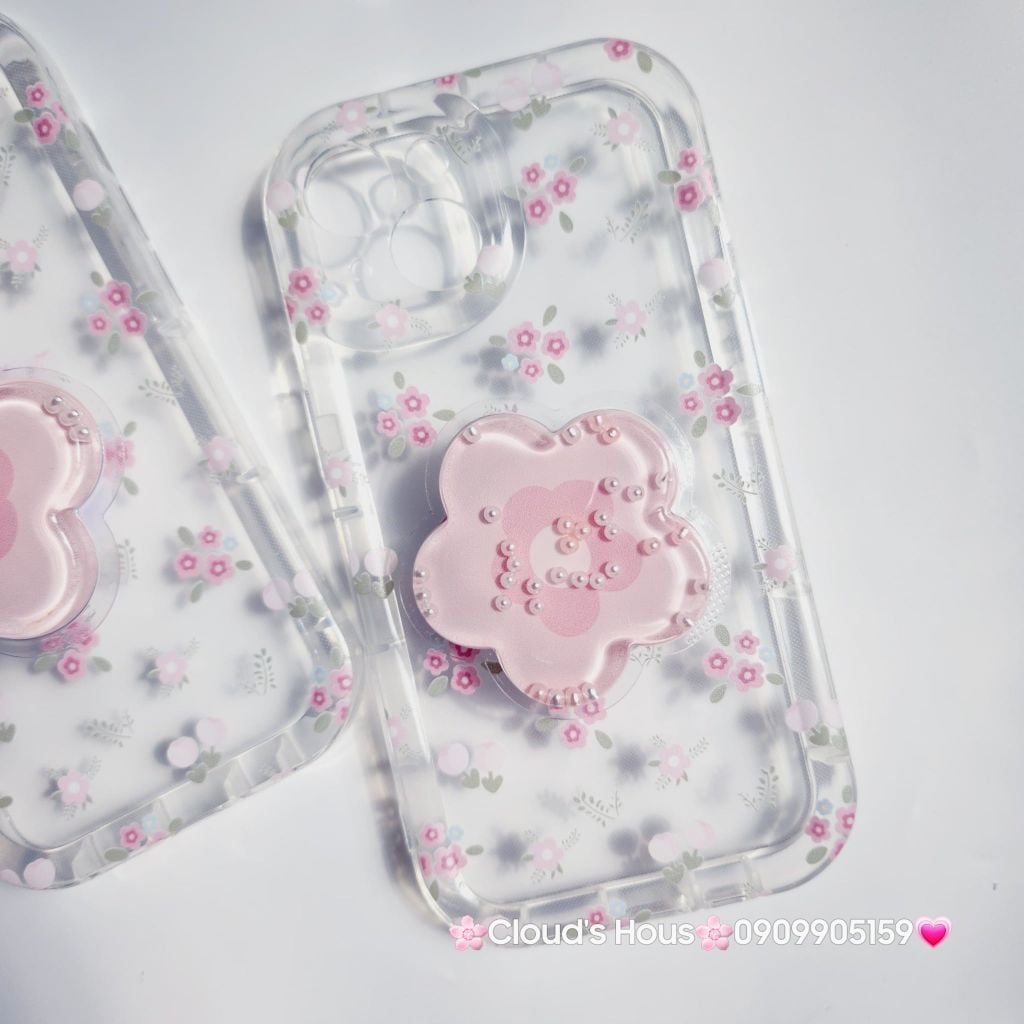 Case Phao Ốp điện thoại iPhone Trong Suốt Hoa có Popsocket IPhone 11/12/13/14/15/Pro/Promax