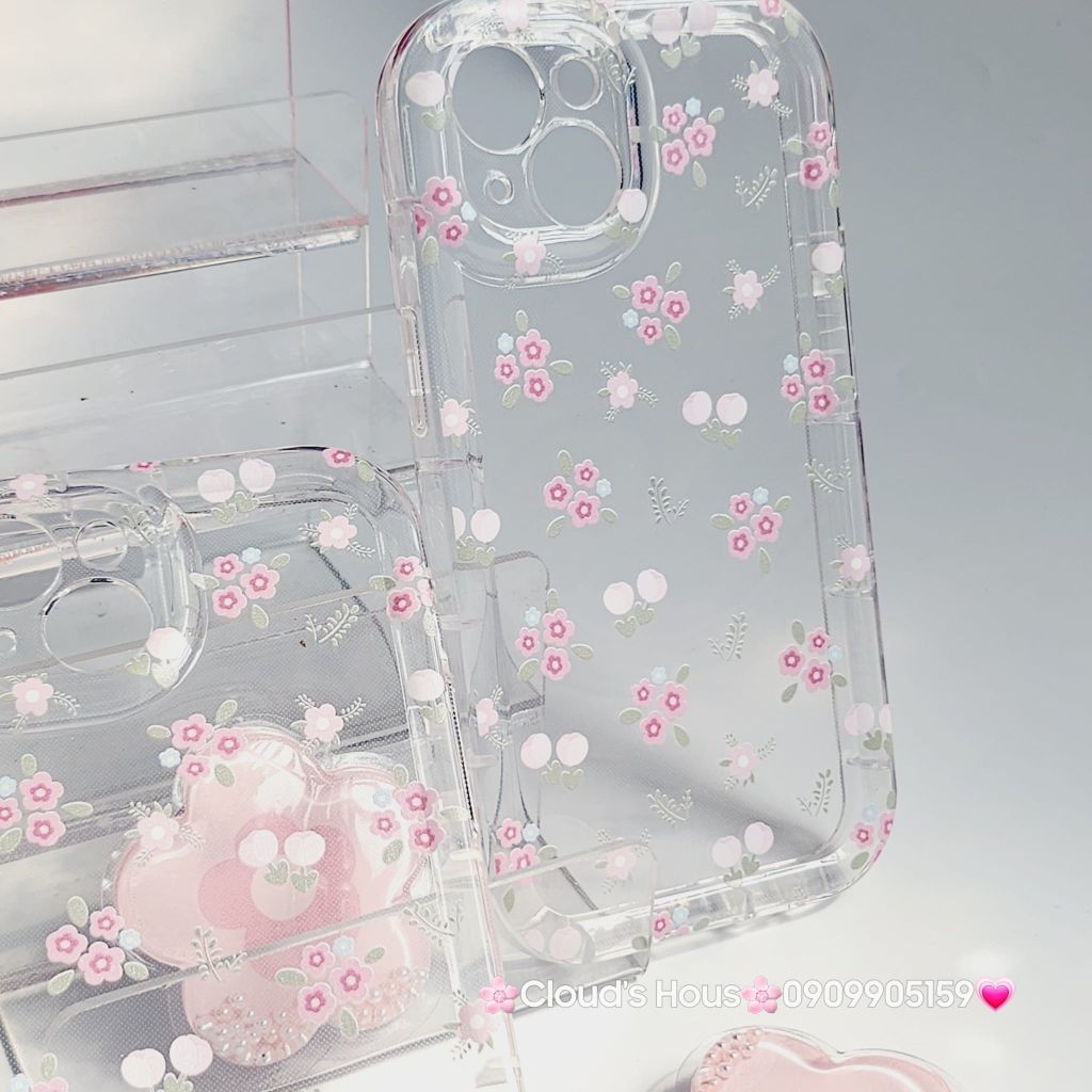Case Phao Ốp điện thoại iPhone Trong Suốt Hoa có Popsocket IPhone 11/12/13/14/15/Pro/Promax
