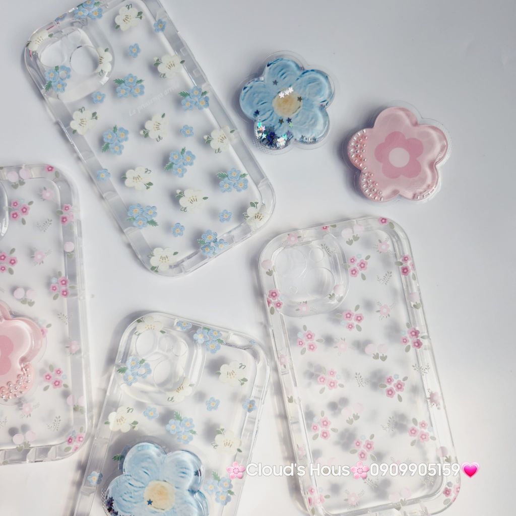 Case Phao Ốp điện thoại iPhone Trong Suốt Hoa có Popsocket IPhone 11/12/13/14/15/Pro/Promax