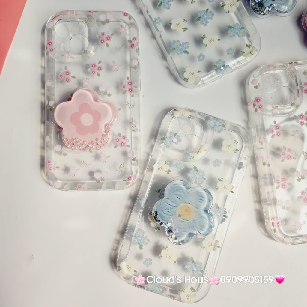 Case Phao Ốp điện thoại iPhone Trong Suốt Hoa có Popsocket IPhone 11/12/13/14/15/Pro/Promax