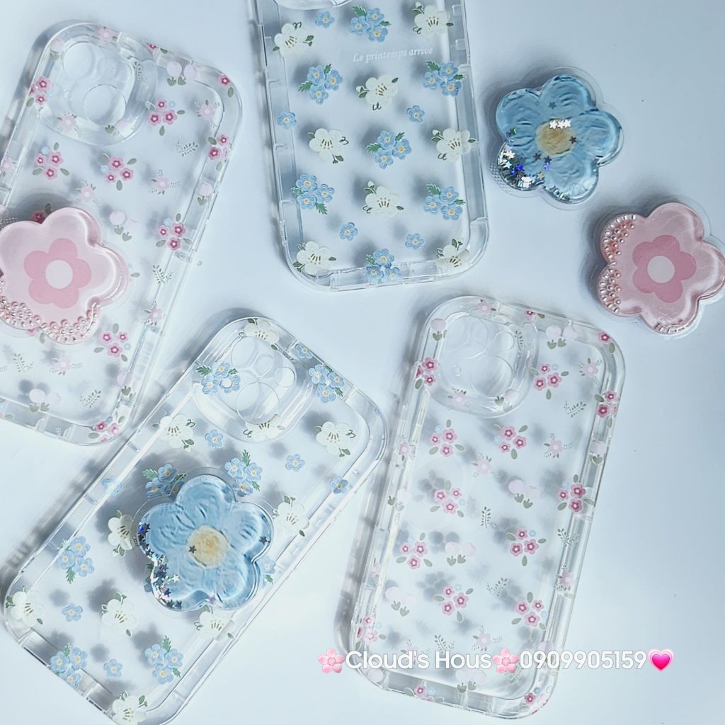 Case Phao Ốp điện thoại iPhone Trong Suốt Hoa có Popsocket IPhone 11/12/13/14/15/Pro/Promax