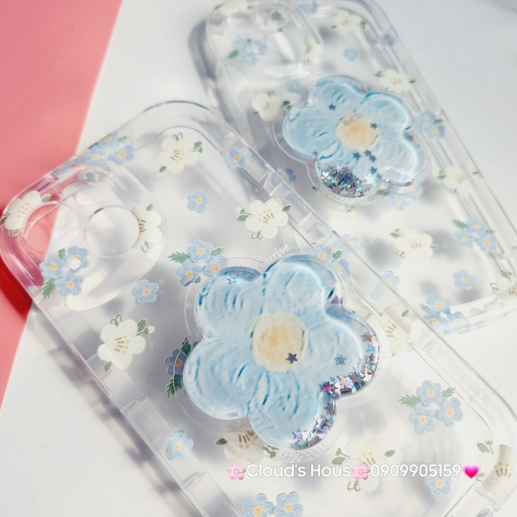 Case Phao Ốp điện thoại iPhone Trong Suốt Hoa có Popsocket IPhone 11/12/13/14/15/Pro/Promax