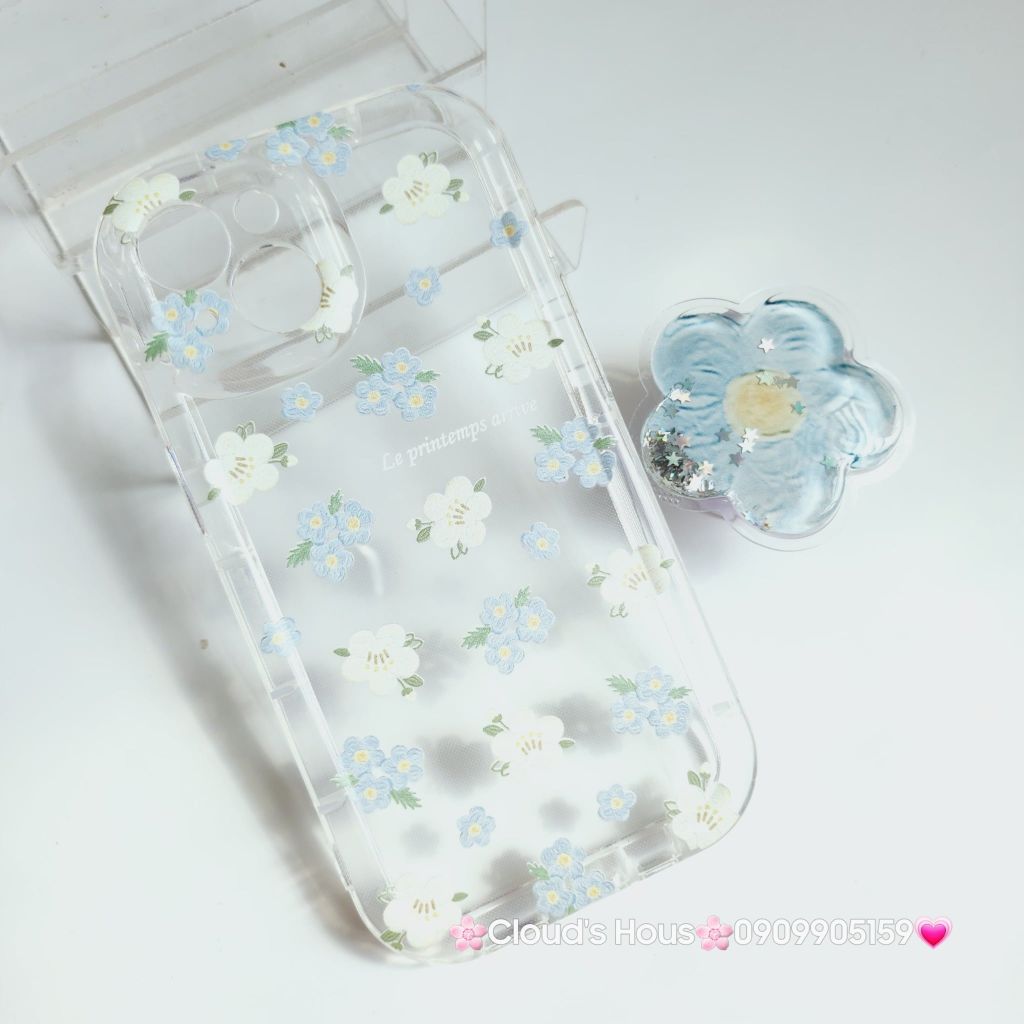 Case Phao Ốp điện thoại iPhone Trong Suốt Hoa có Popsocket IPhone 11/12/13/14/15/Pro/Promax